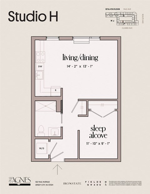 Floor plan for studio, 1 bath, 618 sqft